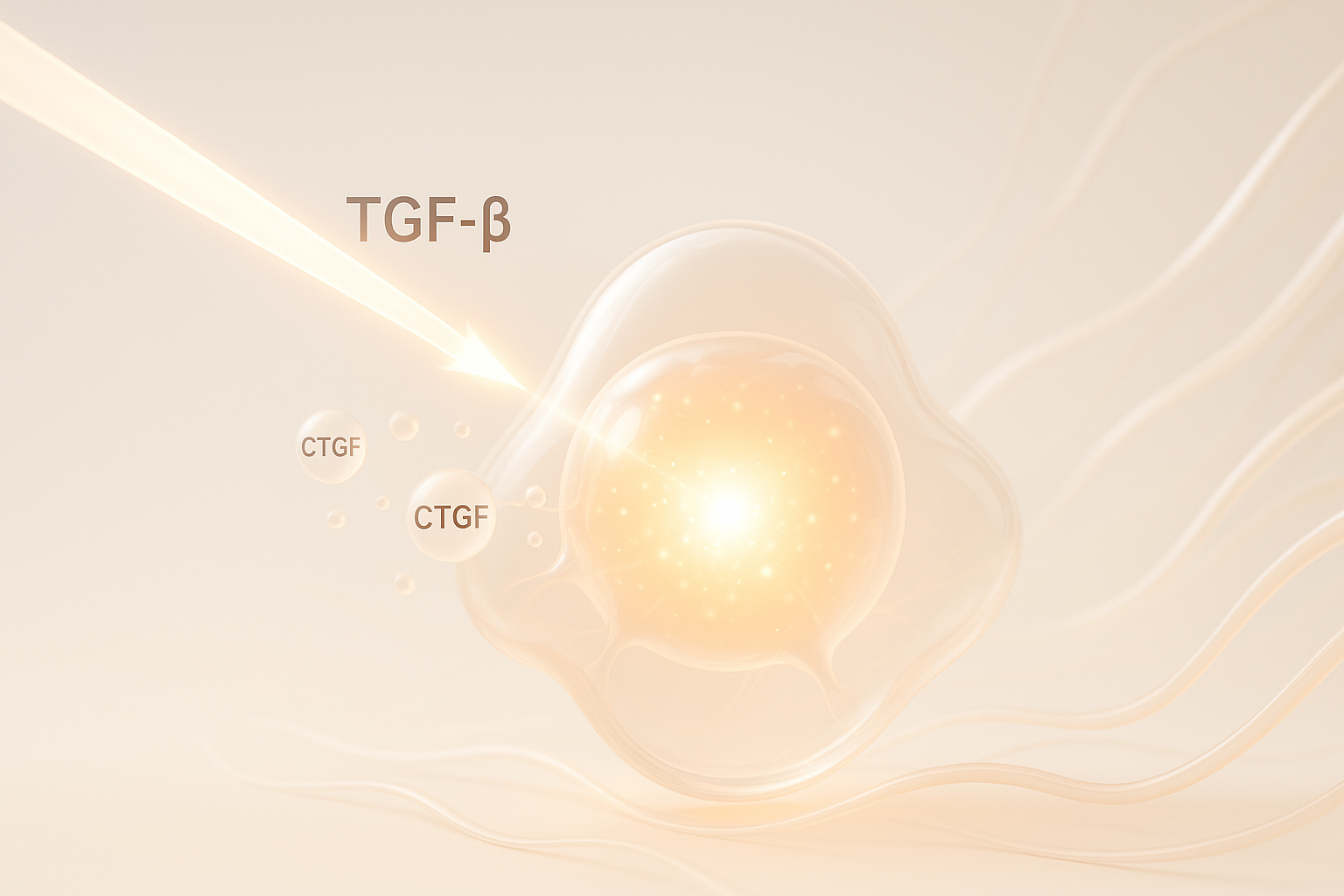 TGF‑β（轉化生長因子 β）。
它會促使肌膚細胞釋放名為 CTGF（結締組織生長因子）的訊號物質，這是讓身體真正開始製造膠原蛋白的重要開關，也代表修復反應已經被啟動。